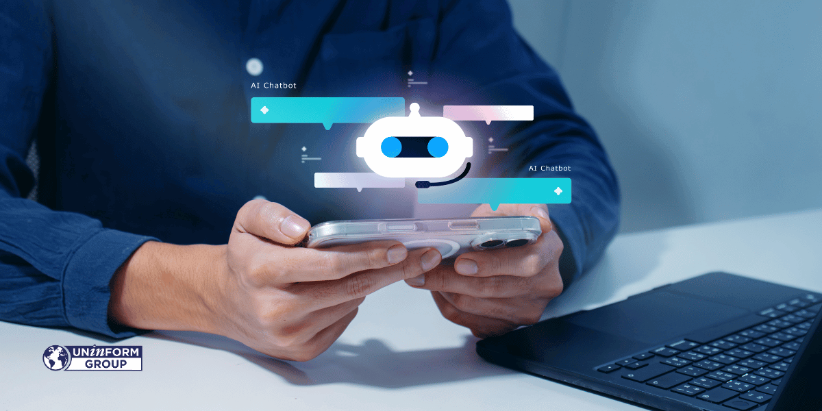 Utente interagisce con un assistente virtuale AI tramite smartphone, rappresentazione di AI Chatbot e customer experience