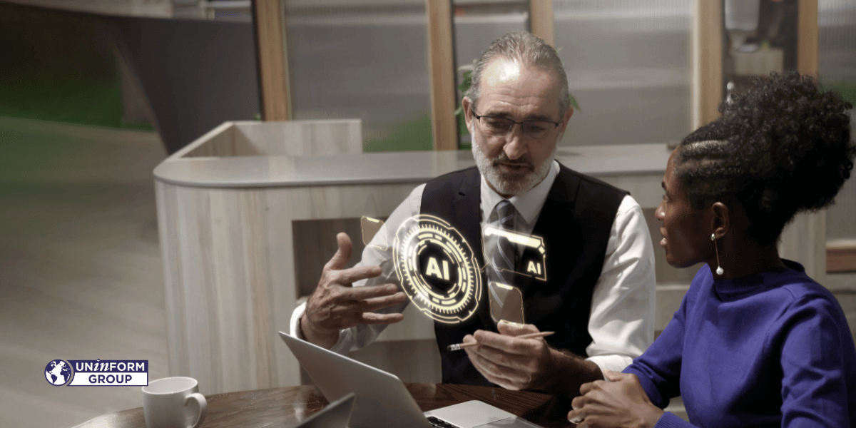 Un manager e una professionista discutono una strategia aziendale visualizzando un'interfaccia olografica di Intelligenza Artificiale su un laptop.