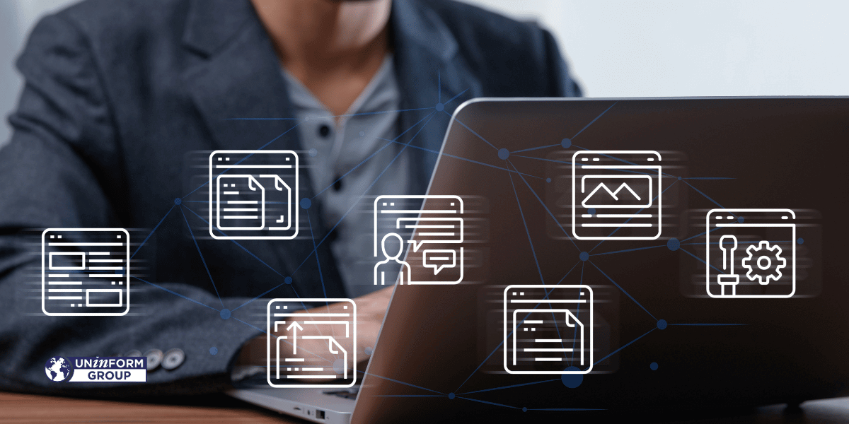 Icone di flussi di lavoro, documenti e ingranaggi digitali connessi su un laptop, concetto di Workflow Automation.