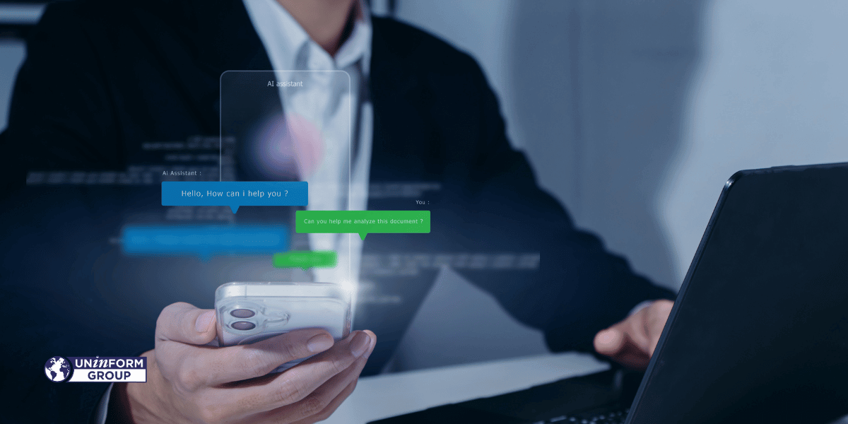 Interfaccia di un AI Assistant che analizza documenti su smartphone e laptop in ambiente professionale.