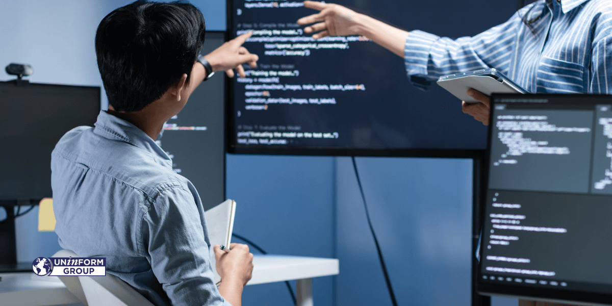 Team di professionisti digitali che analizzano dati e codice AI su laptop in un ufficio moderno.