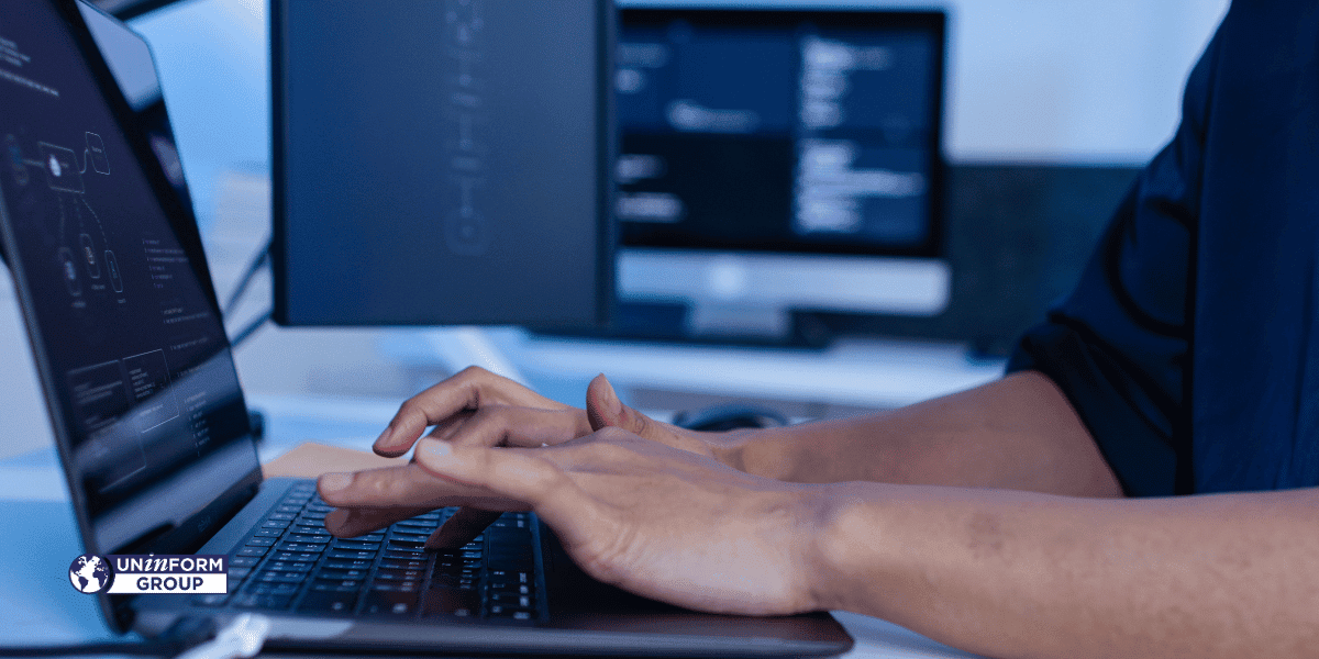 professionista che utilizza strumenti di intelligenza artificiale su laptop per sviluppare workflow e analisi dati aziendali